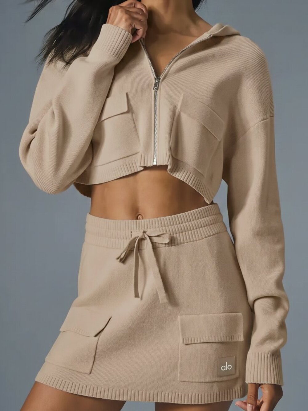alo (Matching Set) Scholar Knit Cargo Full-zip Hoodie + Skirt